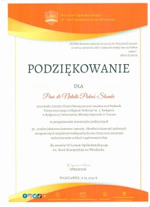 Podziękowania za organizację warsztatów dla uczniów szkół średnich. Kliknij, aby powiększyć zdjęcie.